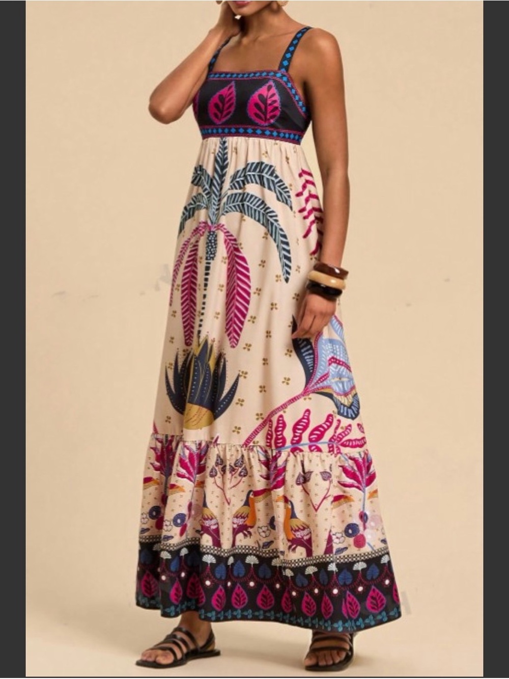 Rosa Clothing Bohemia Tropical Totem Print Strappy Flare Maxi Dress Small New